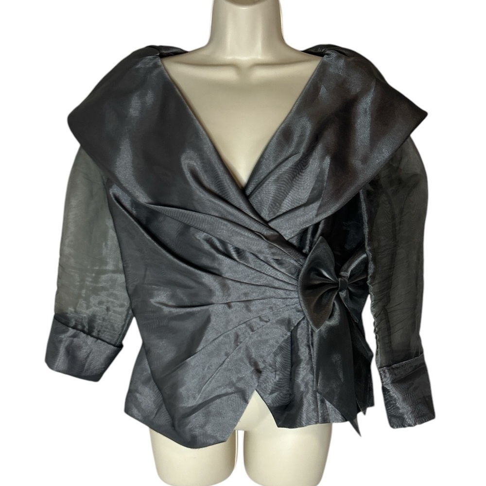 Victor Costa silver top with sheer sleeves and front bow size 8